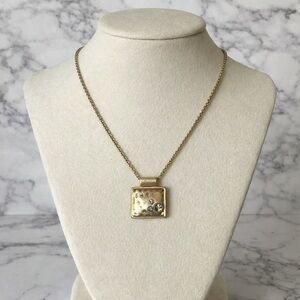 Vintage Lia Sophia Geometric Gold Pendant Necklace Crystal Accent